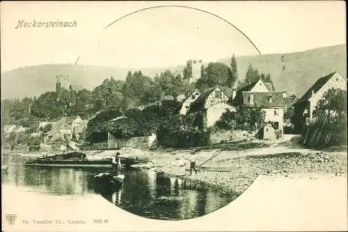 Ak Neckarsteinach in Hessen, Flusslandschaft am Neckar, Wohnhäuser, Burgen im Hintergrund