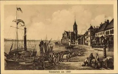 Ak Emmerich am Niederrhein, Hafenansicht, Schiffe, Gebäude,  Szene, Emmerich um 1860