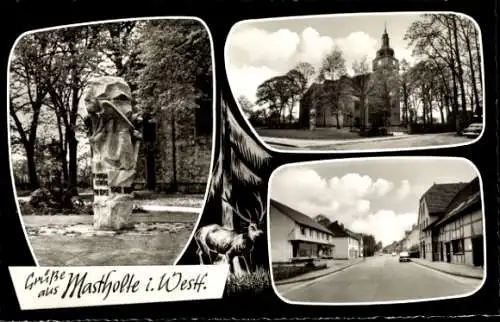 Ak Mastholte Rietberg in Westfalen, Drei Ansichten, Statue, Kirche, Straße, ländliche Architektur