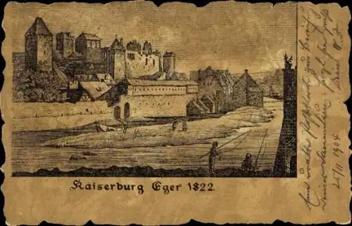 Künstler Ak Cheb Eger Reg. Karlsbad, Blick zur Kaiserburg im Jahr 1822, Angler