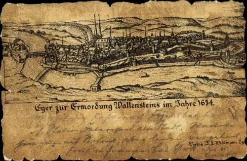 Künstler Ak Cheb Eger Reg. Karlsbad, Ort zur Ermordung Wallensteins im Jahr 1634