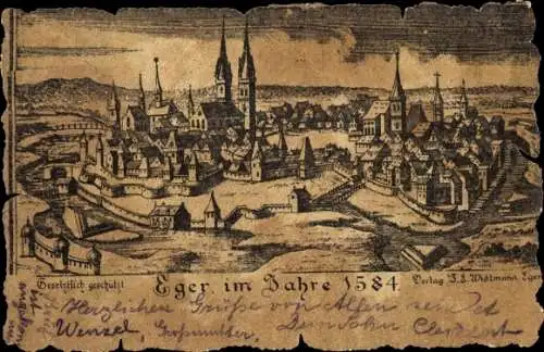 Künstler Ak Cheb Eger Reg. Karlsbad, Blick auf den Ort im Jahr 1584