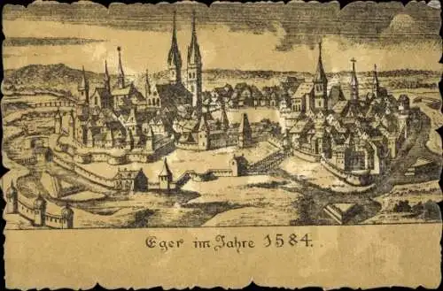 Künstler Ak Cheb Eger Reg. Karlsbad, Stadt im Jahre 1584, Stadtmauern