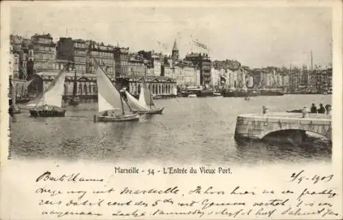 Ak Marseille Bouches du Rhône, bild, Hafen mit Booten, Stadtansicht, L'Entrée du Vieux Port