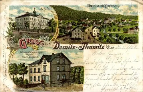 Litho Demitz Thumitz in Sachsen, Gesamtansicht, Schule, Klosterberg