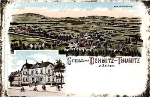 Litho Dehmitz Thumitz in Sachsen, Panorama vom Klosterberg aus, Klemptnerei f. Leitung