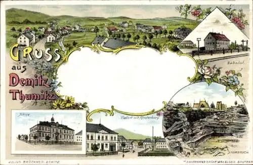 Litho Demitz Thumitz in Sachsen, Gesamtansicht, Schule, Bahnhof