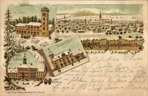 Litho Bischofswerda in Sachsen, Kaiserliche Post, Rathaus, Butterberg