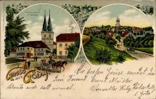 Litho Göda Sachsen, Restauration J.E. Wobad, Kirche, Kutsche, Straße zum Dorf
