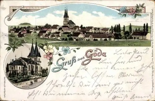Litho Göda in der Oberlausitz, Gesamtansicht, Kirche