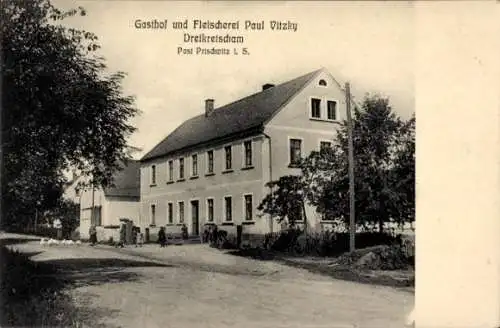 Ak Dreikretscham in der Oberlausitz, Gasthof und Fleischerei Paul Vitzky