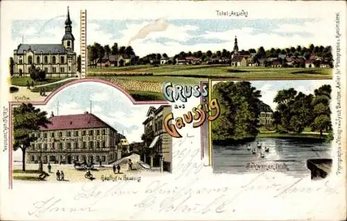 Litho Doberschau Gaußig Oberlausitz, Gasthof, Kirche, Schwanenteich, Totalansicht 