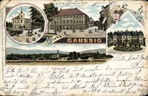 Litho Gaußig in der Oberlausitz, Schloss, Gasthof, Post