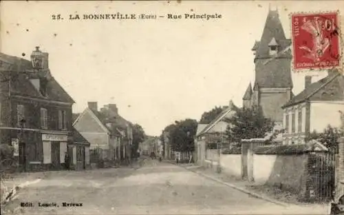 Ak La Bonneville Eure, Straßenansicht mit Gebäuden, Häuser, Kirche, Einkaufsladen
