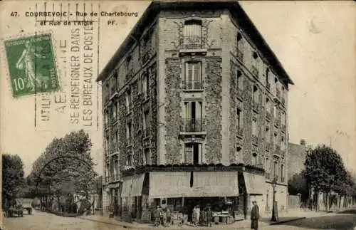 Ak Courbevoie Hauts de Seine, Eckgebäude, Straßenszene, Schwarz-Weiß, französische 