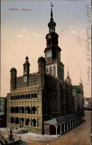 Ak Poznań Posen, Blick auf das Rathaus, Brunnen, Uhrturm