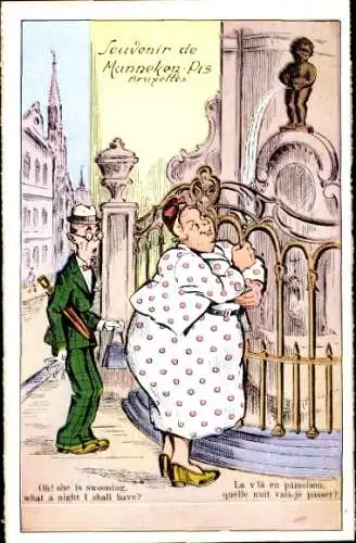 Ak Bruxelles Brüssel, Souvenir de Manneken Pis, Comic-Zeichnung, Frau mit Schirm