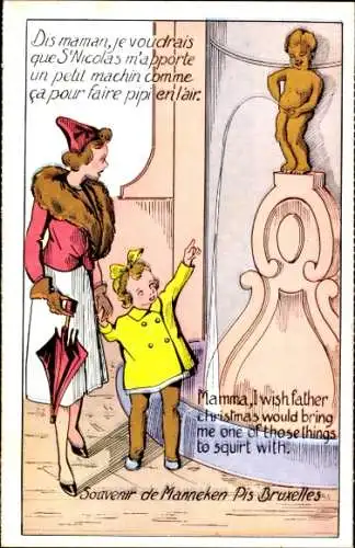 Ak Bruxelles Brüssel, Mädchen und Frau, Statue, Manneken Pis, Weihnachtswunsch, nostalgischer Sti