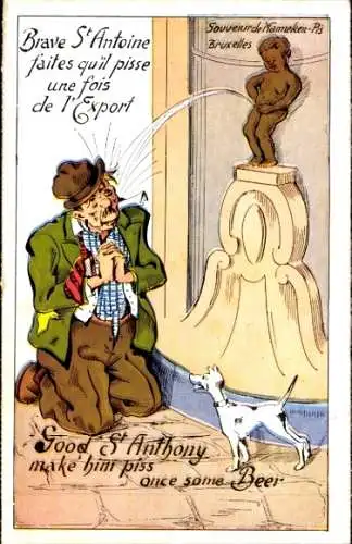 Ak Bruxelles Brüssel, karikatureske Darstellung, Statue, kniender Mann, Hund