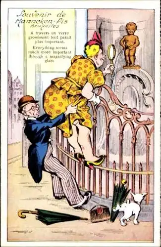 Ak Bruxelles Brüssel, Comicstil, Mann hilft Frau über Geländer, Lupe, Statue im Hintergrund, Hund