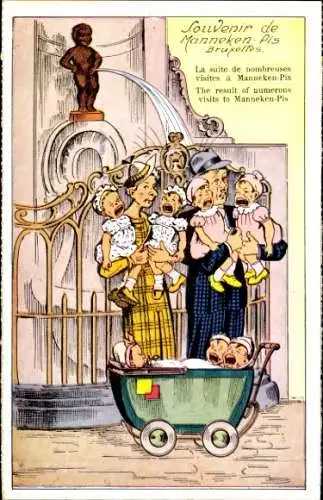 Ak Bruxelles Brüssel, Souvenir de Manneken Pis, Karikatur von Frauen mit Babys