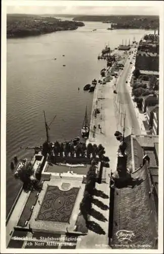 Ak Stockholm Schweden, Stadshusträdgården, Norr Malarstrand, Hafenansicht, Schwarz-Weiß Fotografi