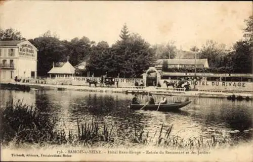 Ak Samois sur Seine Seine et Marne, Hotel Beau-Rivage, Entree du Restaurant et des Jardins