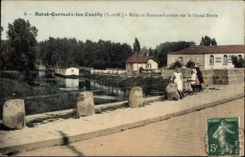 Ak Saint Germain les Couilly Seine et Marne, Bains, Bateaux-Lavoirs sur le Grand Morin