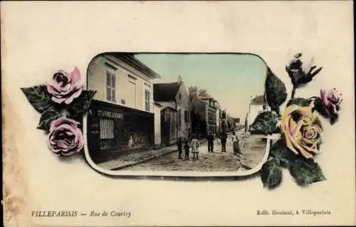 Ak Villeparisis Seine et Marne, Straße mit Menschen, Häusern und Rosenrahmen, beschriftet Rue de 