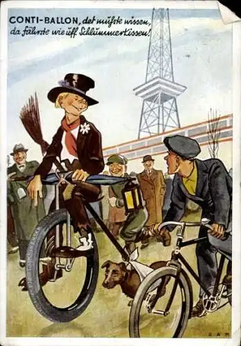 Künstler Ak Reklame Conti Ballon, Continental Reifen, Hochrad, Fahrrad, Funkturm Berlin