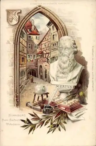 Präge Litho Nürnberg in Mittelfranken Bayern, Hans Sachs, Wohnhaus, Büste, Wappen