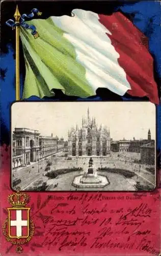 Wappen Passepartout Ak Milano Mailand Lombardia, Dom, Piazza del Duomo, Flagge