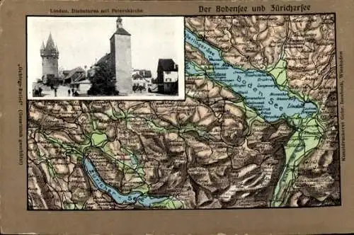 Relief Landkarten Ak Lindau am Bodensee Schwaben, Diebsturm, Peterskirche