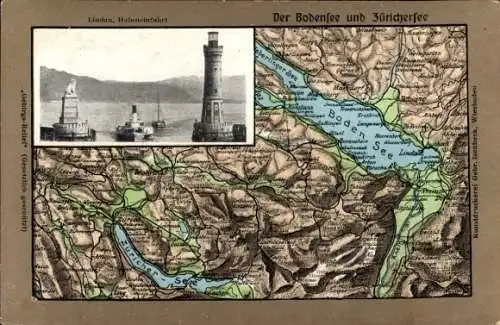 Relief Landkarten Ak Lindau am Bodensee Schwaben, Hafeneinfahrt, Dampfschiff, Leuchtturm