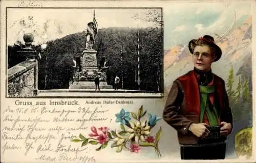 Präge Passepartout Ak Innsbruck in Tirol, Andreas Hofer Denkmal, Junger Mann in Tracht