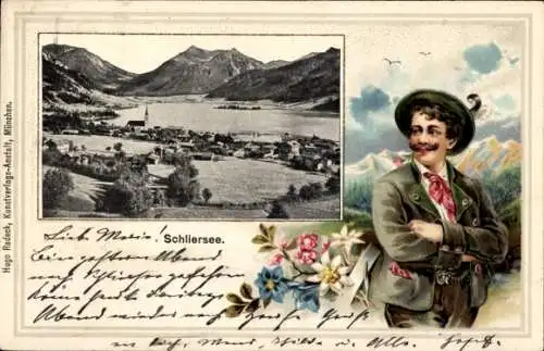 Präge Passepartout Ak Schliersee in Oberbayern, Gesamtansicht, Mann in Tracht