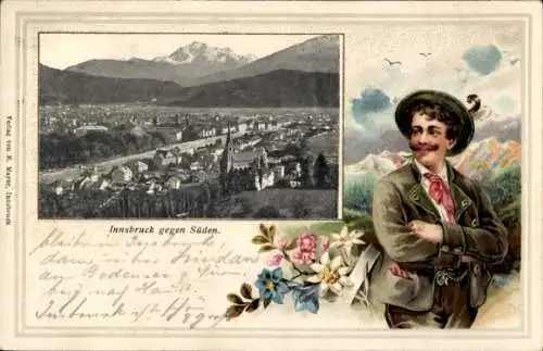 Präge Passepartout Ak Innsbruck in Tirol, Panorama gegen Süden, Mann in Tracht