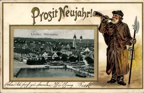 Präge Passepartout Ak Lindau am Bodensee Schwaben, Hafen, Fröhliches Neujahr, Nachtwächter