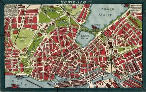 Stadtplan Ak Hamburg, Altstadt, Bahnhof, Hafen, Binnenalster, Außenalster, Heiligengeistfeld