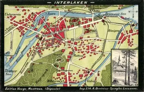 Stadtplan Ak Interlaken Kanton Bern Schweiz, Aare, Hauptbahnhof, Restaurant Harderkulm