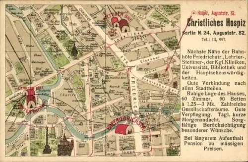 Stadtplan Ak Berlin Mitte, Christliches Hospiz, Auguststraße 82, Bhf. Friedrichstraße, Stettiner Bhf