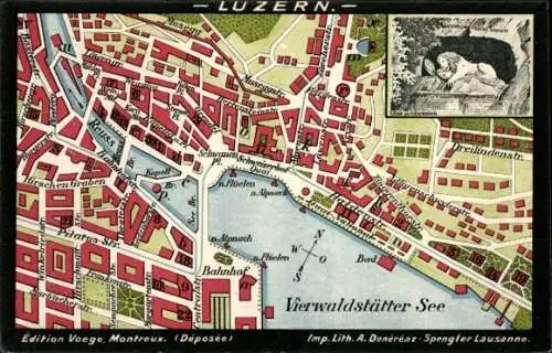 Stadtplan Ak Luzern Stadt Schweiz, Stadtansicht, Löwendenkmal, Vierwaldstättersee