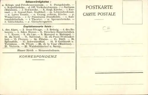 Stadtplan Ak Luzern Stadt Schweiz, Stadtansicht, Löwendenkmal, Vierwaldstättersee