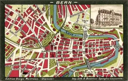 Stadtplan Ak Bern Stadt Schweiz, Aare, Laupenstraße, Markt, Hotel Eiger