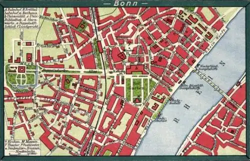 Stadtplan Ak Bonn am Rhein, Rheinbrücke, Hofgarten, Post, Poppelsdorfer Allee