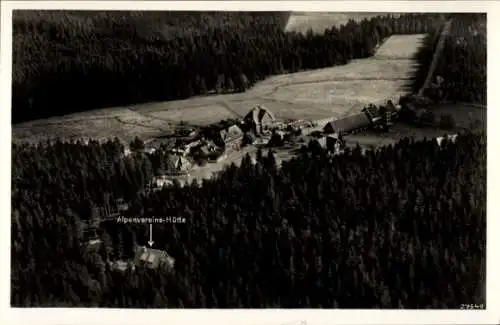Ak Torfhaus Altenau Schulenberg Clausthal Zellerfeld im Oberharz, Fliegeraufnahme, Alpenvereinshütte
