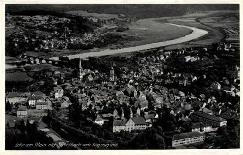 Ak Lohr am Main Unterfranken,  Sendelbach, Luftaufnahme, Fluss, Gebäude, Brücke