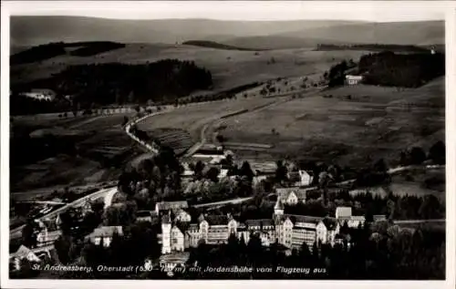 Ak St. Andreasberg Braunlage im Harz, Oderteich, Floßbahn, Oberstadt, Jordanshöhe, Flugzeugaufnah