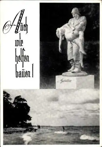 Ak Flensburg in Schleswig Holstein, Skulptur eines Retters, Wasserlandschaft, Text 'Auch wir helf
