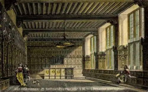 Ak Münster in Westfalen, Friedensaal, Rathaus, hohe Decken, Fenster, Holzvertäfelung, Stühle, Tis